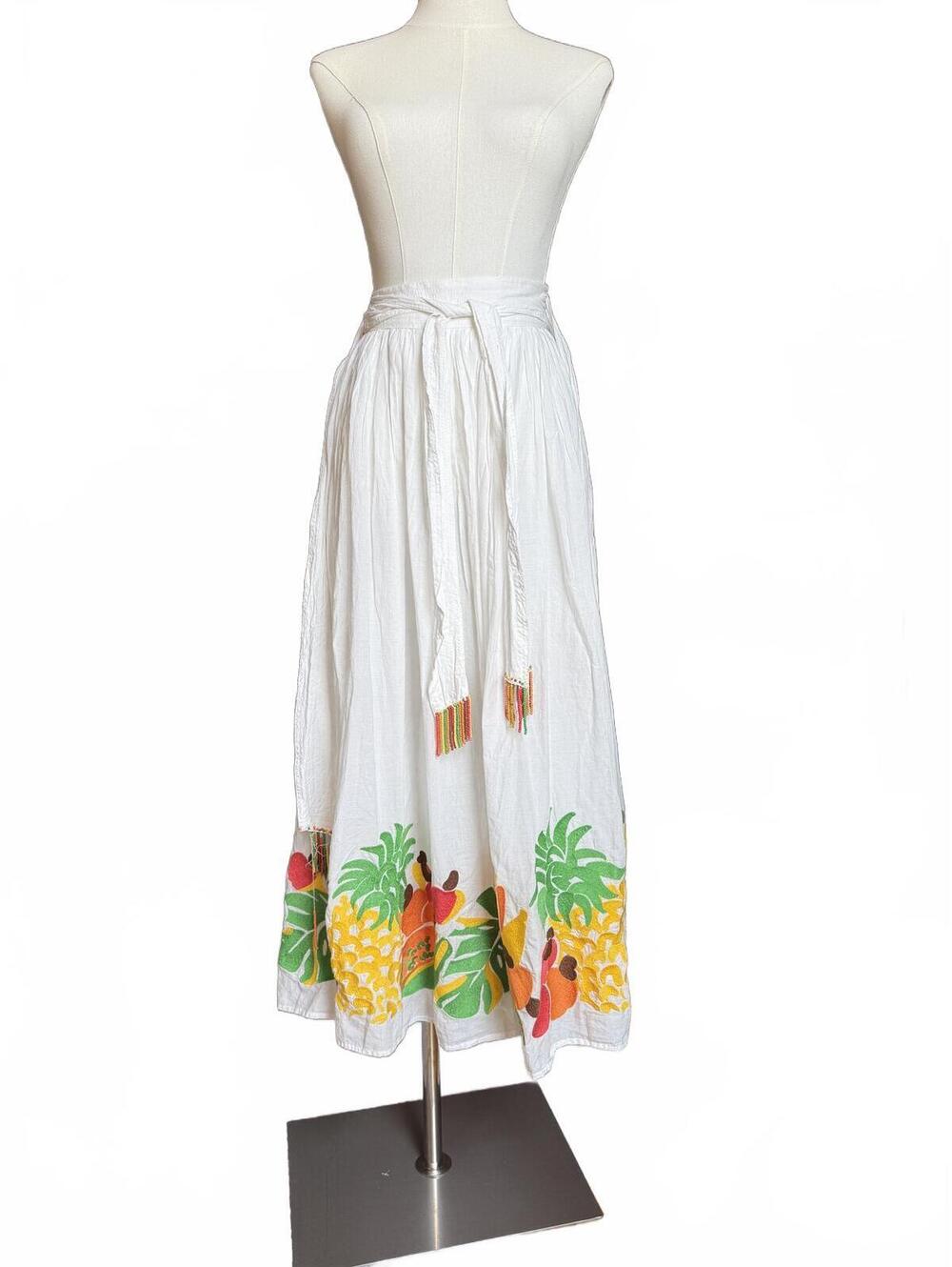 Farm Rio Tropical Print White Midi Skirt with Tie Waist